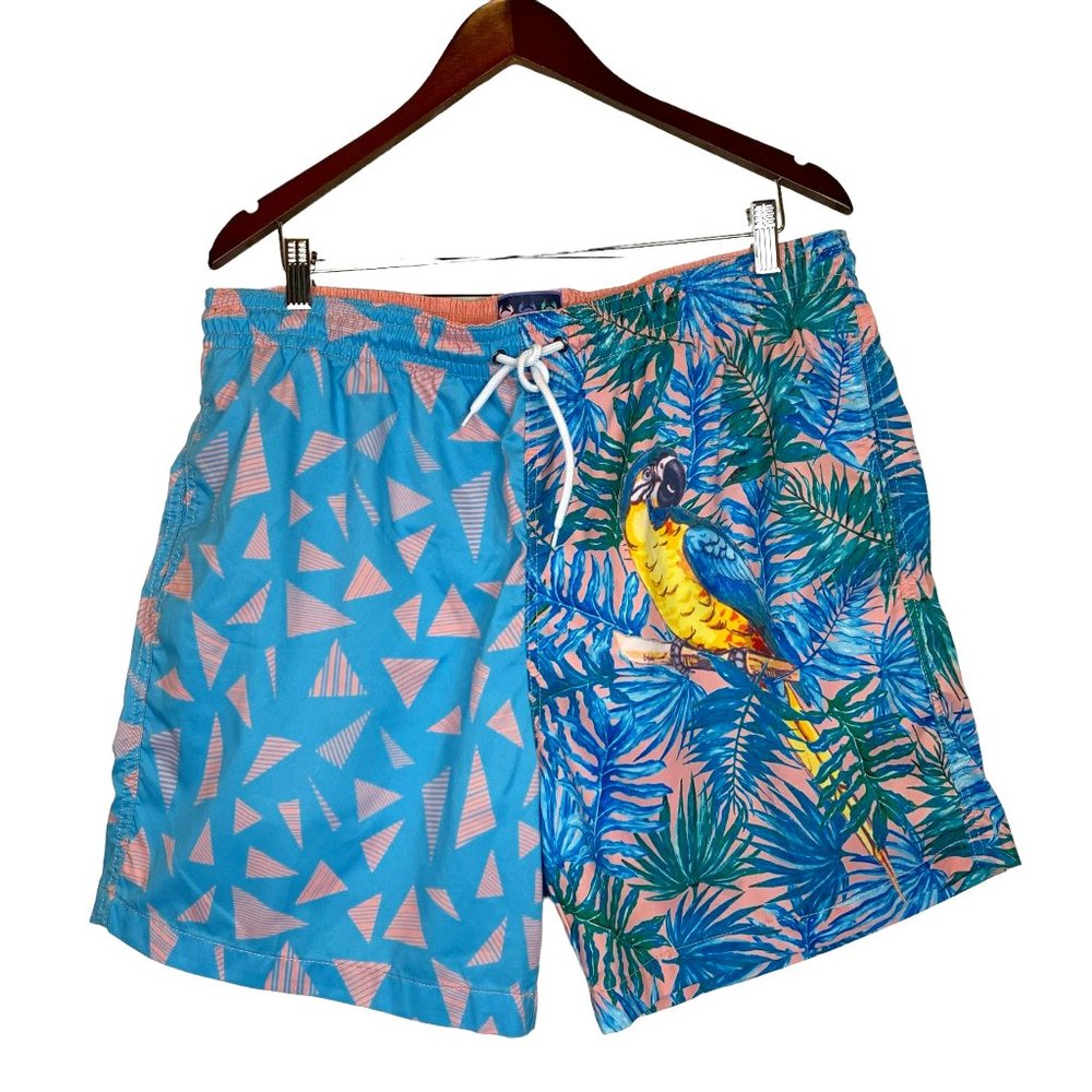 Charleston Threads Mens Swim Trunks XXL Blue Pink Parrot Short Elastic Waist